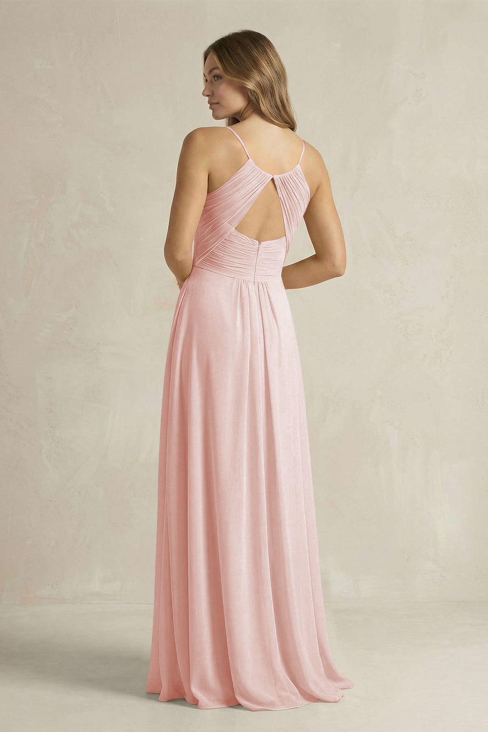 Cami Strap A-Line Chiffon Pleated Bridesmaid Dress in Rose Petal