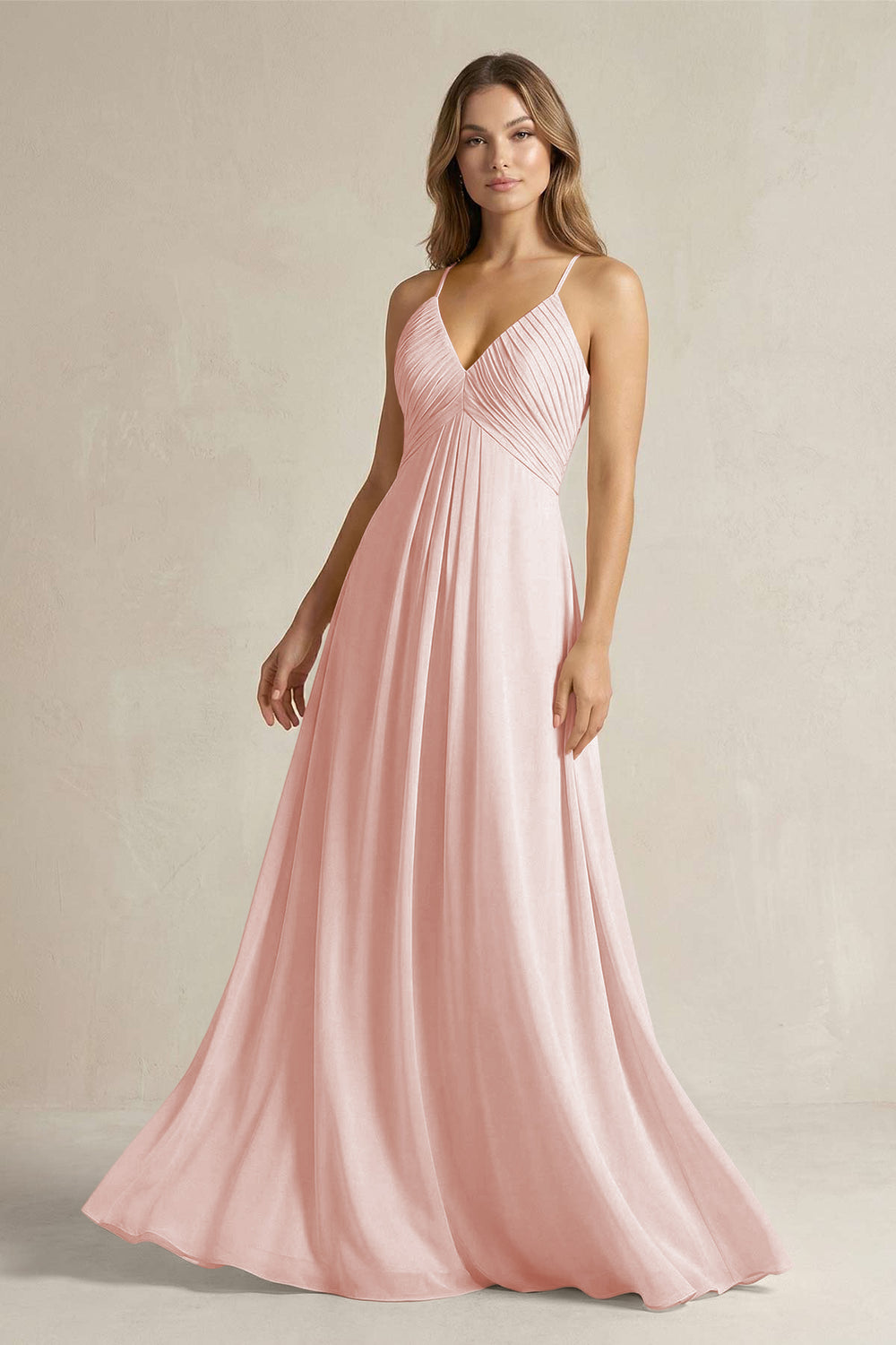 Cami Strap A-Line Chiffon Pleated Bridesmaid Dress in Rose Petal