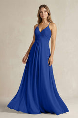 Cami Strap A - Line Chiffon Pleated Bridesmaid Dress in Royal Blue - KISS BRIDAL Bridesmaid Dresses