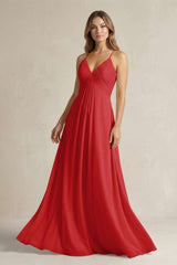 Cami Strap A - Line Chiffon Pleated Bridesmaid Dress in Ruby Red - KISS BRIDAL Bridesmaid Dresses