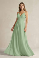 Cami Strap A - Line Chiffon Pleated Bridesmaid Dress in Sage - SHE IS ME Bridesmaid Dresses