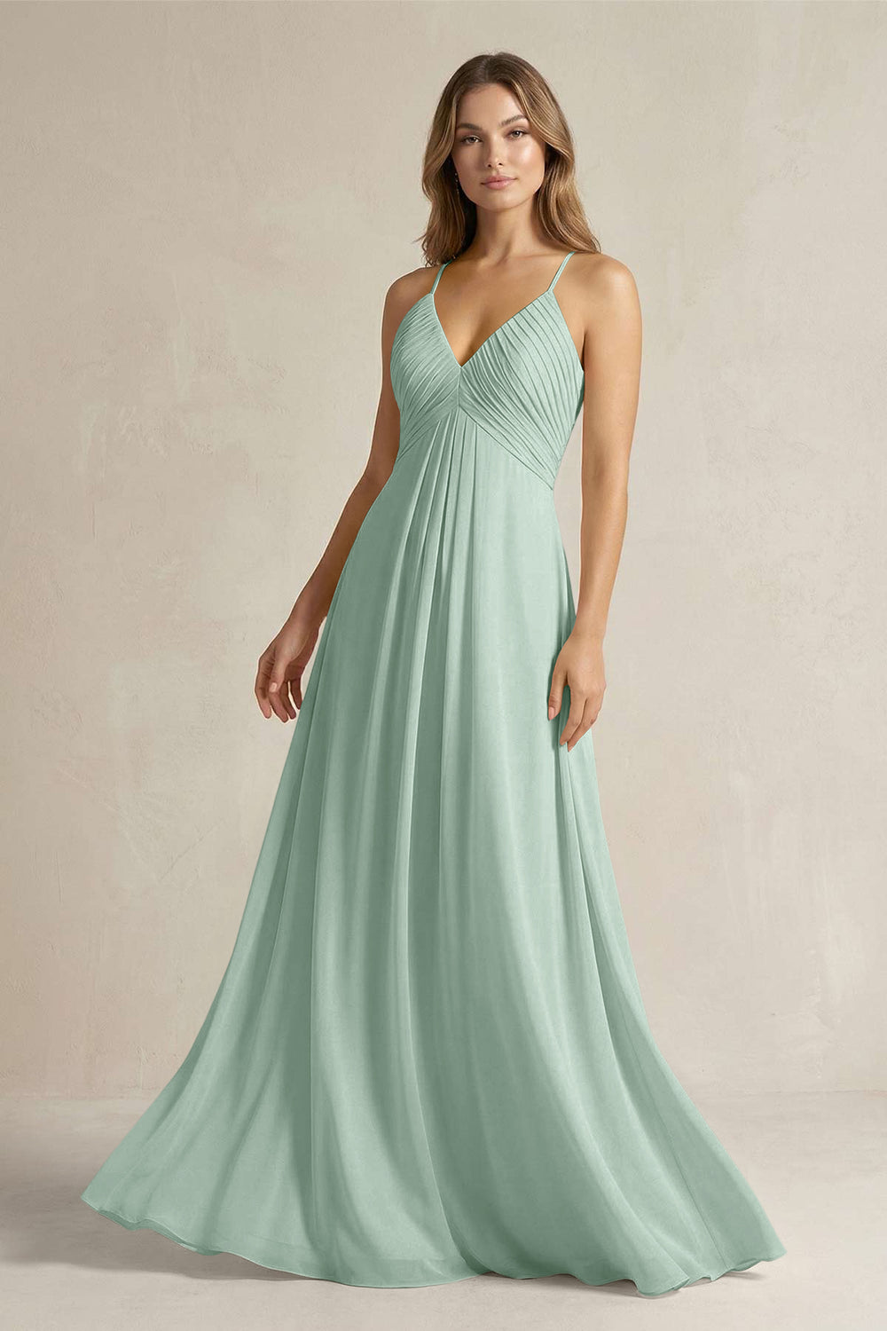 Cami Strap A-Line Chiffon Pleated Bridesmaid Dress in Sage