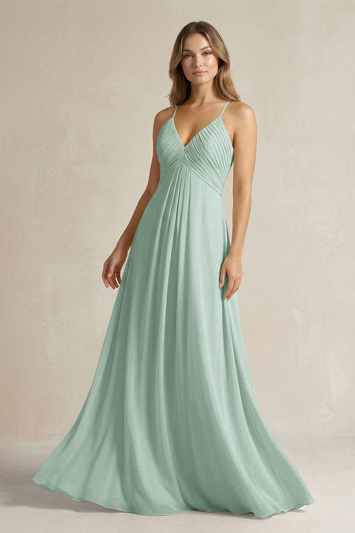 Cami Strap A-Line Chiffon Pleated Bridesmaid Dress in Sage | KISSBRIDAL