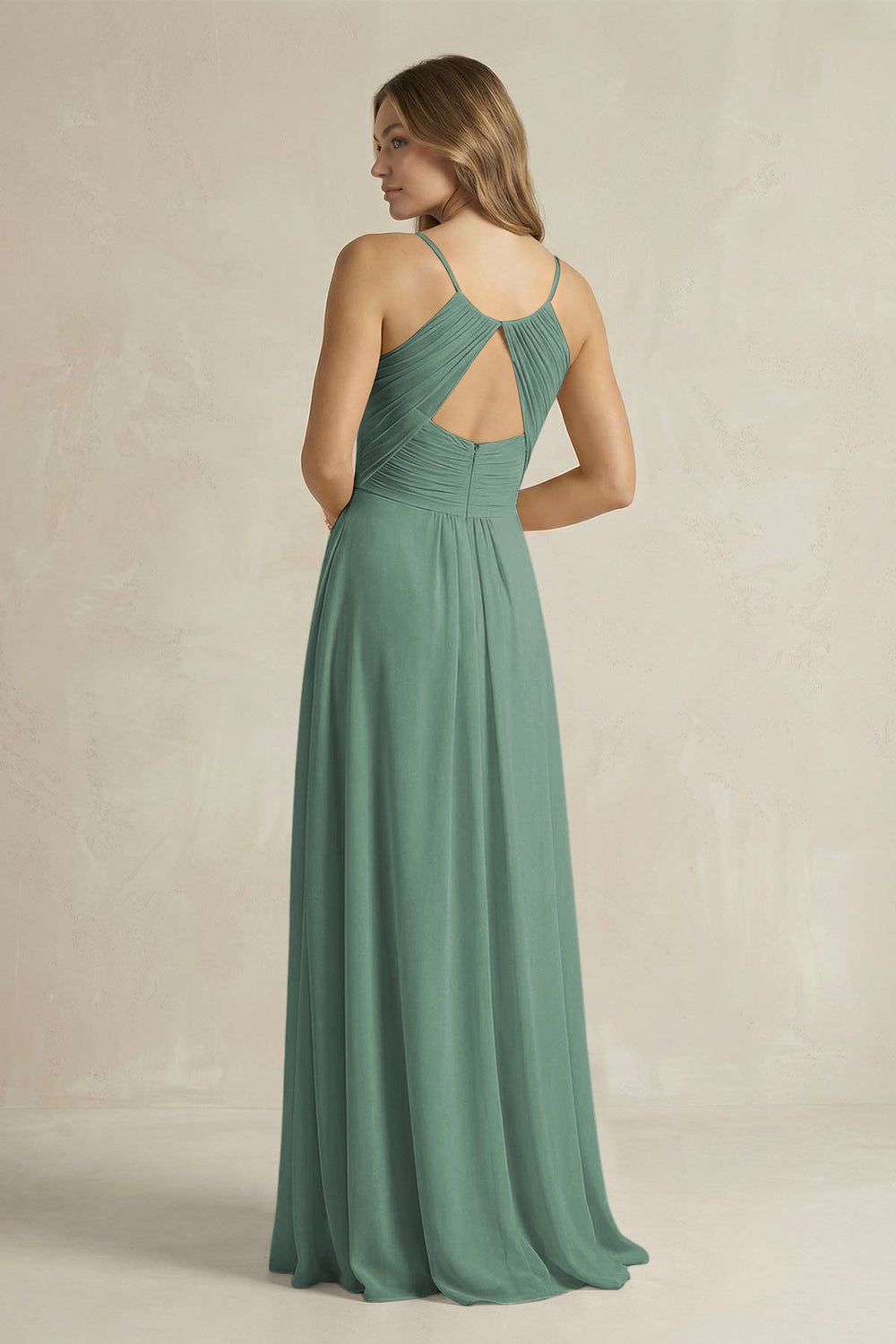 Cami Strap A-Line Chiffon Pleated Bridesmaid Dress in Sea Glass