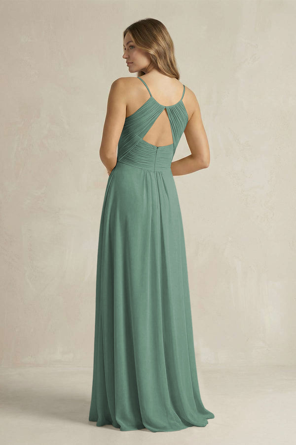 Cami Strap A-Line Chiffon Pleated Bridesmaid Dress in Sea Glass (2) | KISSBRIDAL