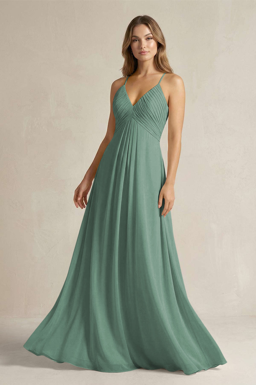 Cami Strap A-Line Chiffon Pleated Bridesmaid Dress in Sea Glass