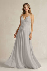 Cami Strap A - Line Chiffon Pleated Bridesmaid Dress in Silver - KISS BRIDAL Bridesmaid Dresses