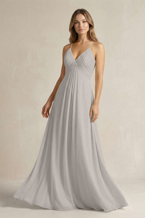 Cami Strap A - Line Chiffon Pleated Bridesmaid Dress in Silver - SHE IS ME Bridesmaid Dresses