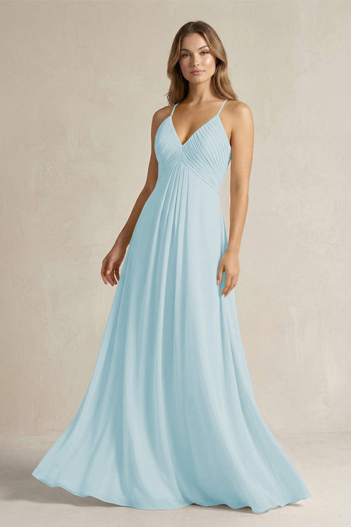 Cami Strap A - Line Chiffon Pleated Bridesmaid Dress in Sky Blue - SHE IS ME Bridesmaid Dresses