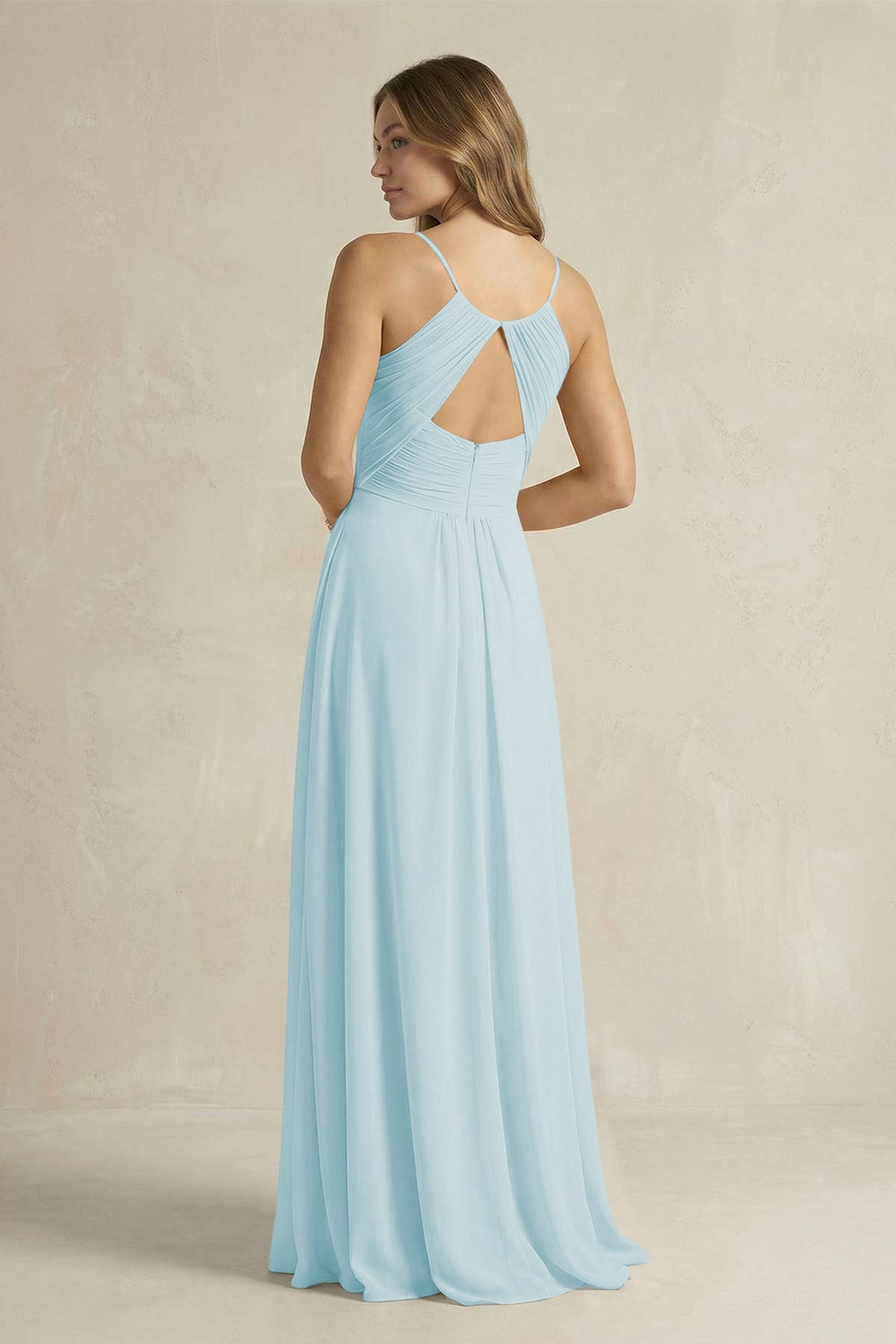 Cami Strap A - Line Chiffon Pleated Bridesmaid Dress in Sky Blue - KISS BRIDAL Bridesmaid Dresses