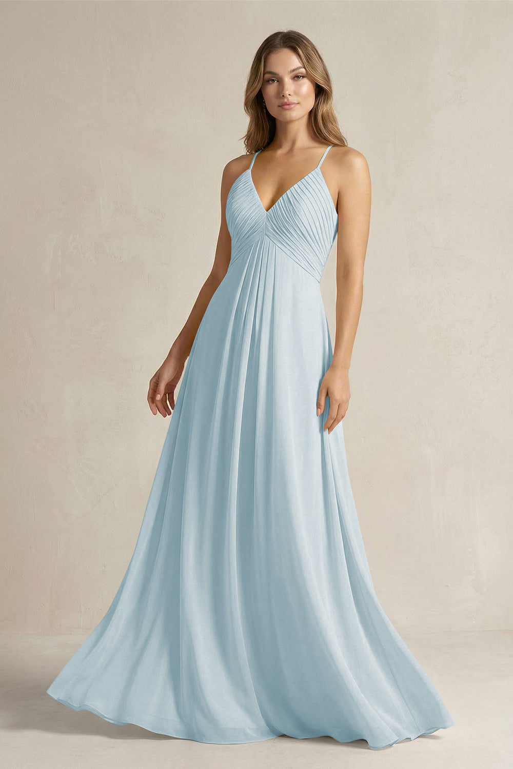 Cami Strap A-Line Chiffon Pleated Bridesmaid Dress in Sky Blue