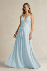 Cami Strap A-Line Chiffon Pleated Bridesmaid Dress in Sky Blue | KISSBRIDAL