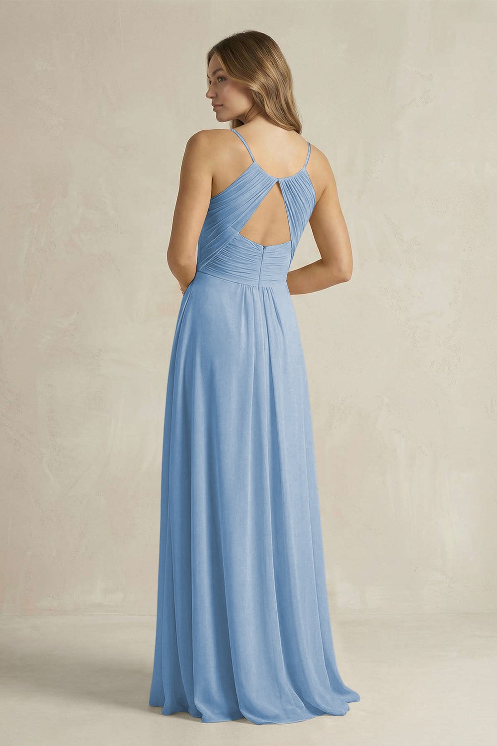 Cami Strap A-Line Chiffon Pleated Bridesmaid Dress in Steel Blue
