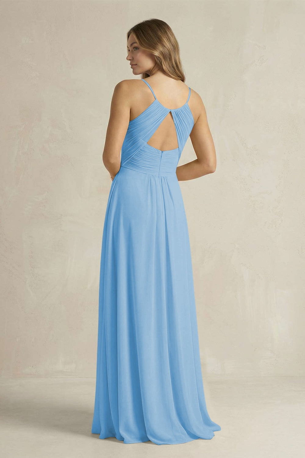 Cami Strap A - Line Chiffon Pleated Bridesmaid Dress in Steel Blue - KISS BRIDAL Bridesmaid Dresses