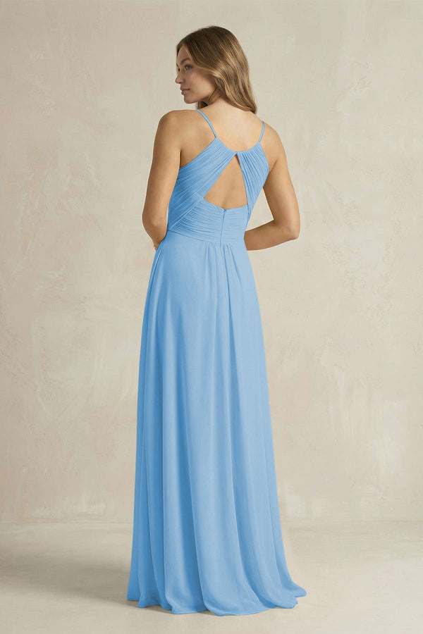 Cami Strap A - Line Chiffon Pleated Bridesmaid Dress in Steel Blue - SHE IS ME Bridesmaid Dresses