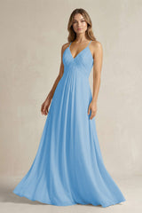Cami Strap A - Line Chiffon Pleated Bridesmaid Dress in Steel Blue - KISS BRIDAL Bridesmaid Dresses