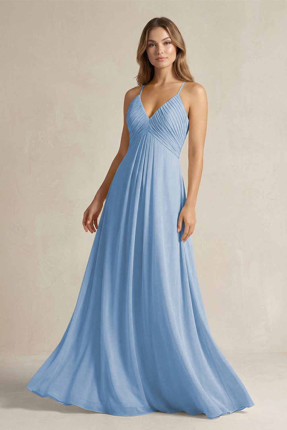 Cami Strap A-Line Chiffon Pleated Bridesmaid Dress in Steel Blue