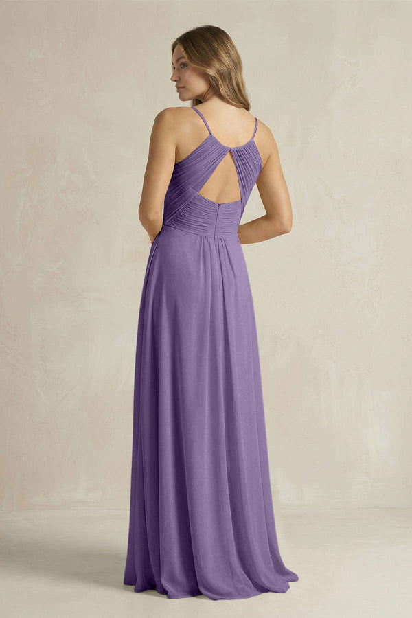 Cami Strap A-Line Chiffon Pleated Bridesmaid Dress in Tahiti (2) | KISSBRIDAL