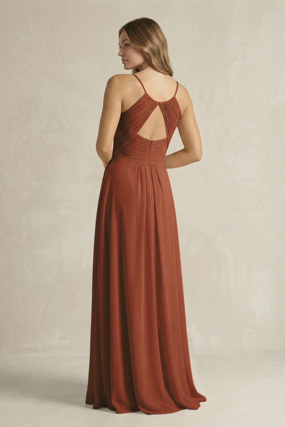 Cami Strap A-Line Chiffon Pleated Bridesmaid Dress in Terracotta