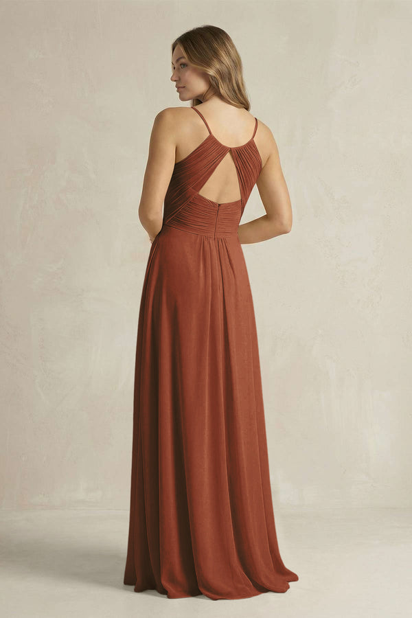 Cami Strap A-Line Chiffon Pleated Bridesmaid Dress in Terracotta (2) | KISSBRIDAL