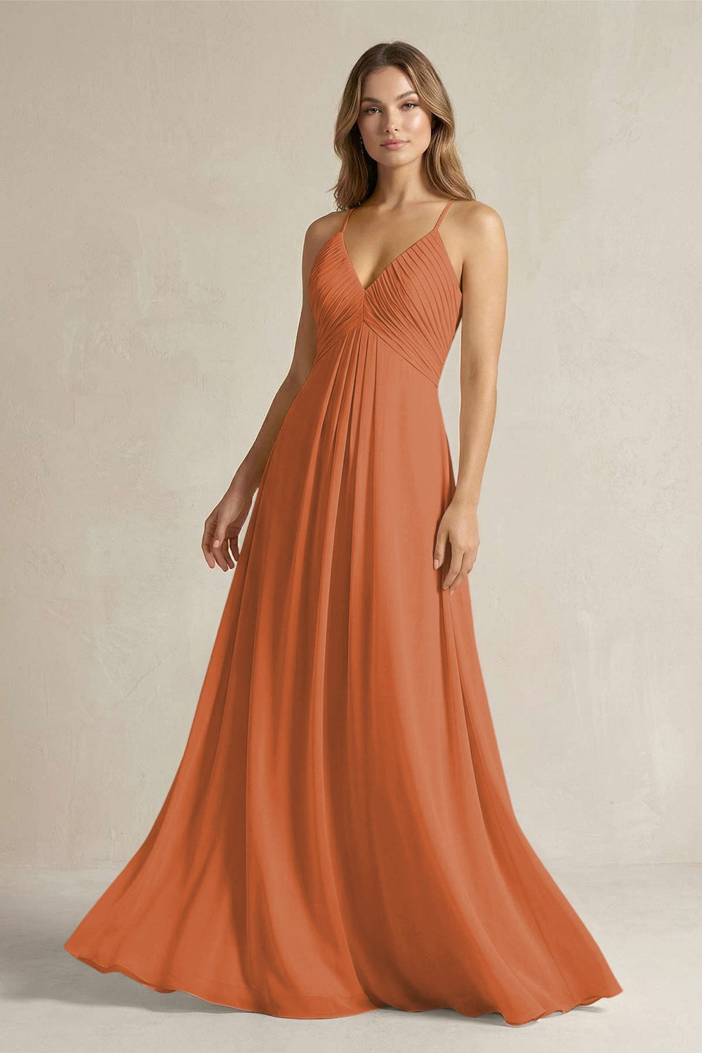 Cami Strap A - Line Chiffon Pleated Bridesmaid Dress in Terracotta - KISS BRIDAL Bridesmaid Dresses