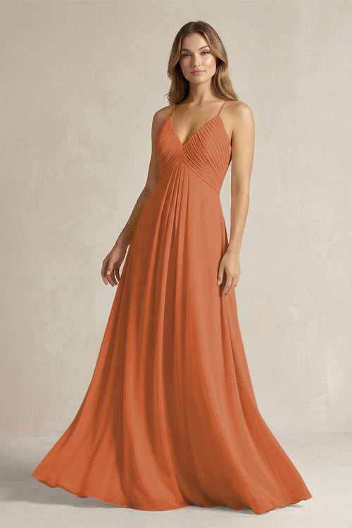 Cami Strap A - Line Chiffon Pleated Bridesmaid Dress in Terracotta - SHE IS ME Bridesmaid Dresses