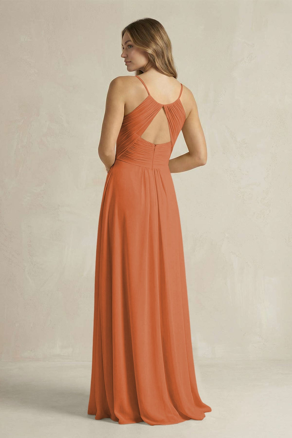 Cami Strap A - Line Chiffon Pleated Bridesmaid Dress in Terracotta - KISS BRIDAL Bridesmaid Dresses