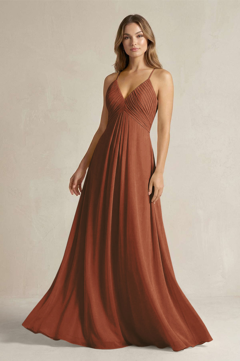 Cami Strap A-Line Chiffon Pleated Bridesmaid Dress in Terracotta