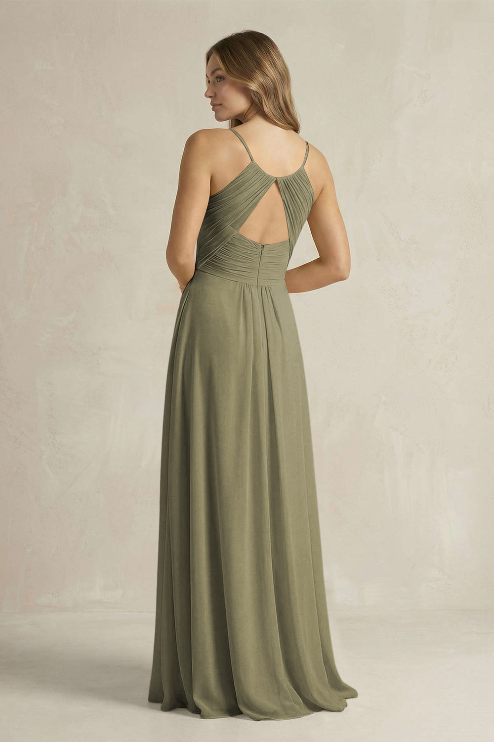 Cami Strap A-Line Chiffon Pleated Bridesmaid Dress in Thyme