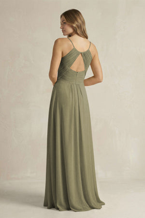 Cami Strap A-Line Chiffon Pleated Bridesmaid Dress in Thyme (2) | KISSBRIDAL