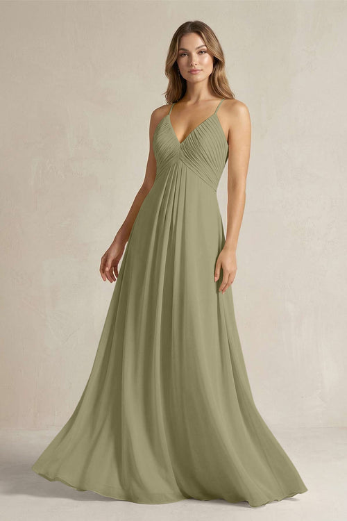 Cami Strap A - Line Chiffon Pleated Bridesmaid Dress in Thyme - SHE IS ME Bridesmaid Dresses