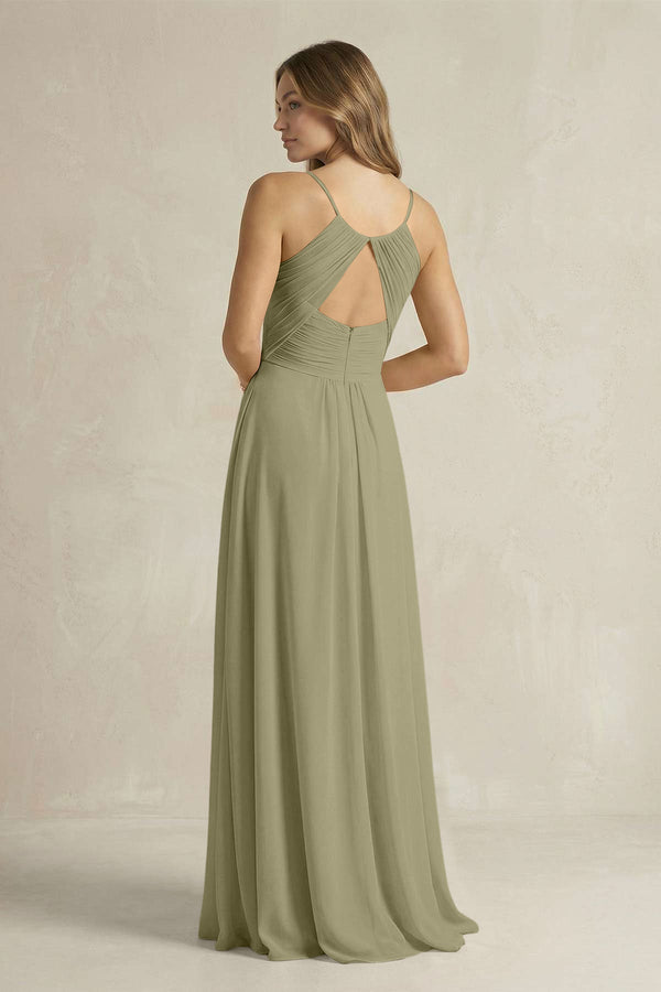 Cami Strap A - Line Chiffon Pleated Bridesmaid Dress in Thyme - SHE IS ME Bridesmaid Dresses