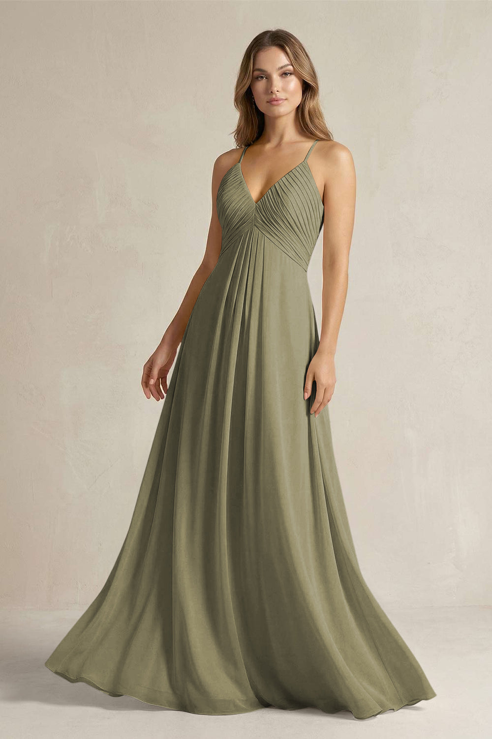 Cami Strap A-Line Chiffon Pleated Bridesmaid Dress in Thyme