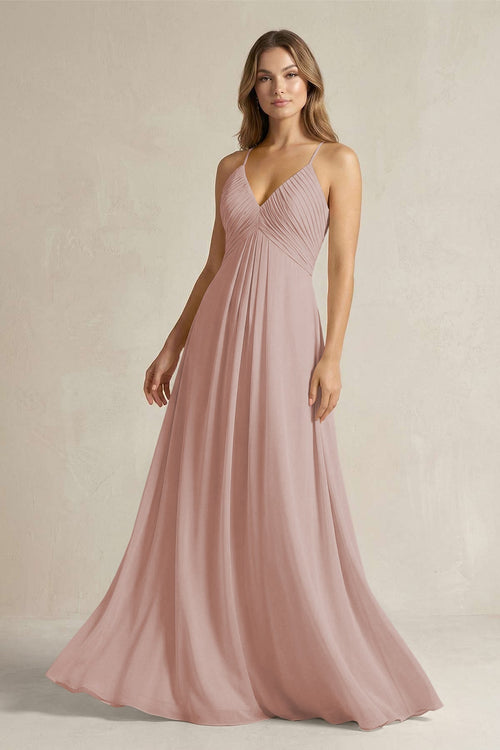 Cami Strap A - Line Chiffon Pleated Bridesmaid Dress in Toffee - SHE IS ME Bridesmaid Dresses