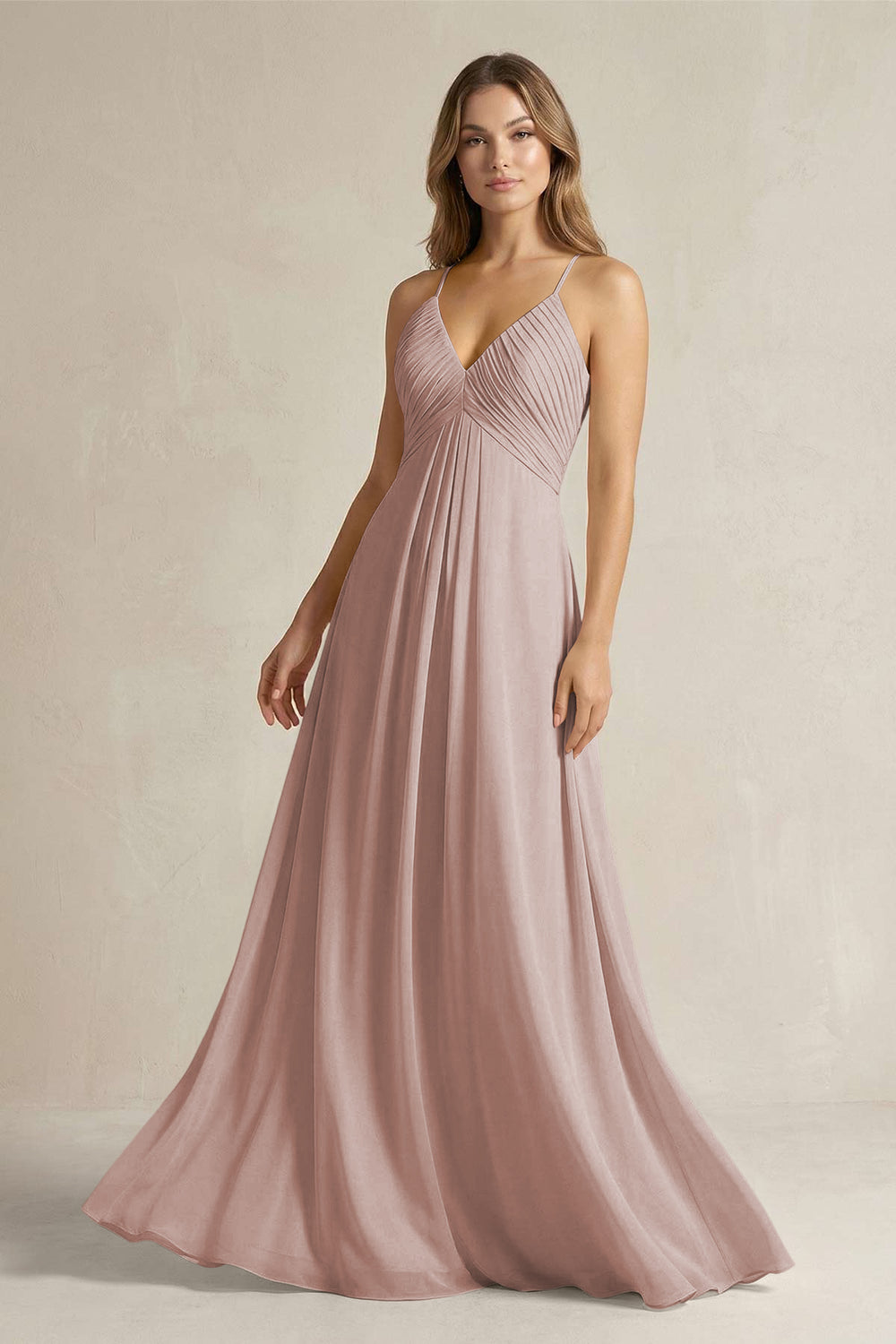 Cami Strap A-Line Chiffon Pleated Bridesmaid Dress in Toffee