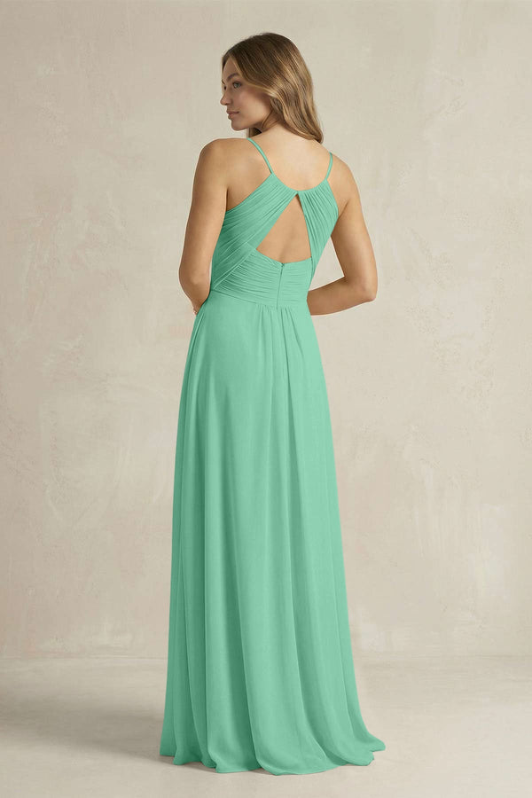 Cami Strap A - Line Chiffon Pleated Bridesmaid Dress in Turquoise - SHE IS ME Bridesmaid Dresses