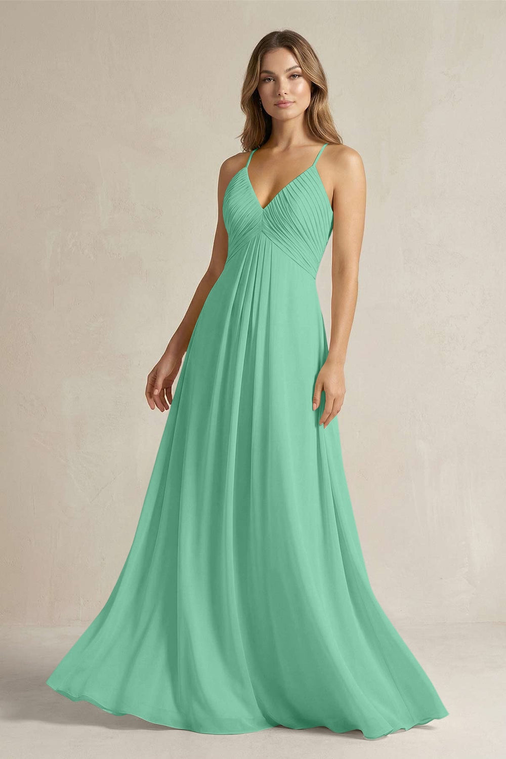 Cami Strap A - Line Chiffon Pleated Bridesmaid Dress in Turquoise - KISS BRIDAL Bridesmaid Dresses