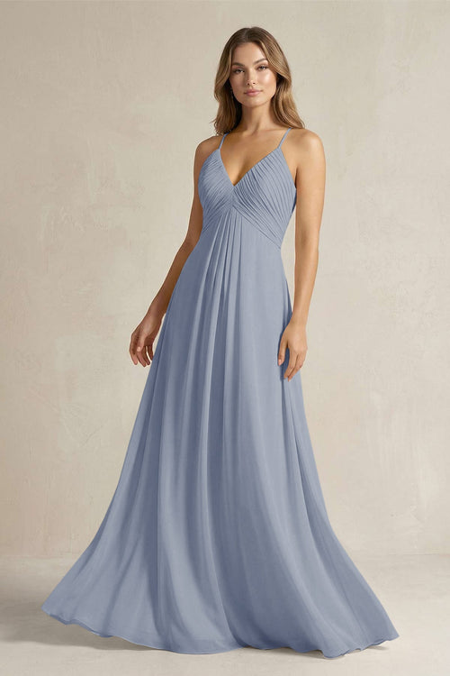 Cami Strap A - Line Chiffon Pleated Bridesmaid Dress in Twilight - SHE IS ME Bridesmaid Dresses