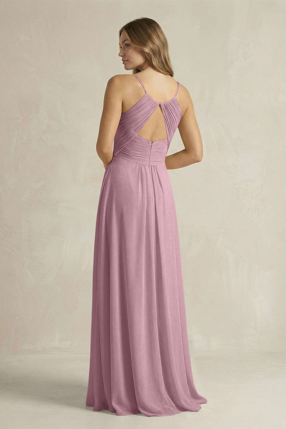 Cami Strap A-Line Chiffon Pleated Bridesmaid Dress in Vintage Mauve
