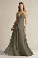 Cami Strap A - Line Chiffon Pleated Bridesmaid Dress in Willow Green - KISS BRIDAL Bridesmaid Dresses