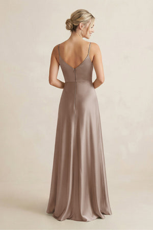 Cami Strap A - Line Shiny Satin Bridesmaid Dress in Almond - KISS BRIDAL Bridesmaid Dresses