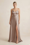 Cami Strap A - Line Shiny Satin Bridesmaid Dress in Almond - KISS BRIDAL Bridesmaid Dresses