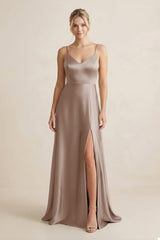 Cami Strap A - Line Shiny Satin Bridesmaid Dress in Almond - KISS BRIDAL Bridesmaid Dresses