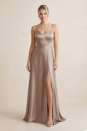 Cami Strap A - Line Shiny Satin Bridesmaid Dress in Almond - KISS BRIDAL Bridesmaid Dresses