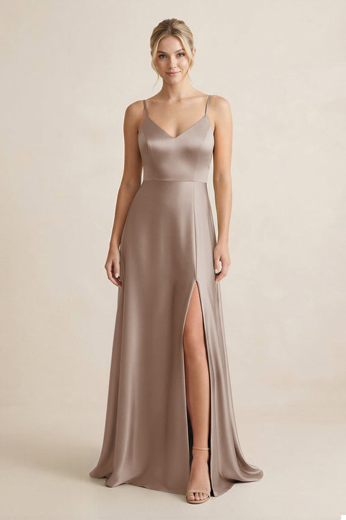 Cami Strap A - Line Shiny Satin Bridesmaid Dress in Almond - KISS BRIDAL Bridesmaid Dresses