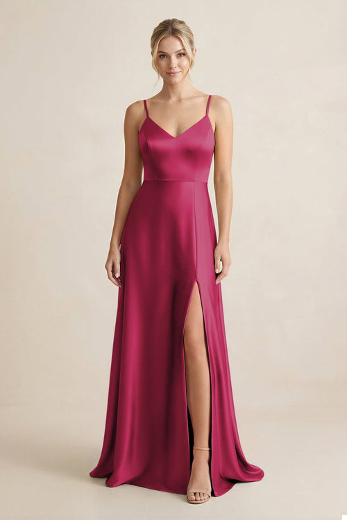 Cami Strap A - Line Shiny Satin Bridesmaid Dress in Berry - KISS BRIDAL Bridesmaid Dresses