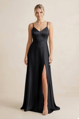 Cami Strap A - Line Shiny Satin Bridesmaid Dress in Black - KISS BRIDAL Bridesmaid Dresses