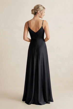 Cami Strap A - Line Shiny Satin Bridesmaid Dress in Black - KISS BRIDAL Bridesmaid Dresses
