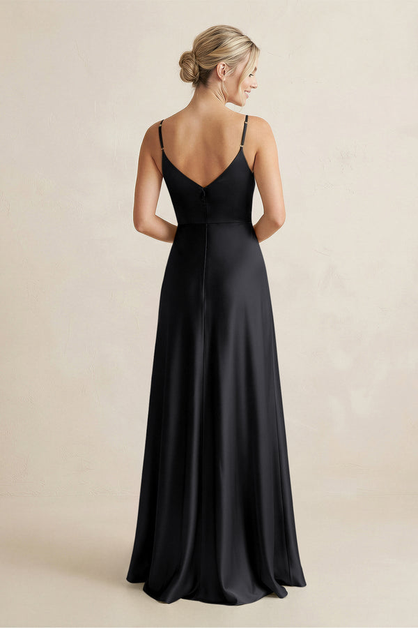 Cami Strap A - Line Shiny Satin Bridesmaid Dress in Black - KISS BRIDAL Bridesmaid Dresses