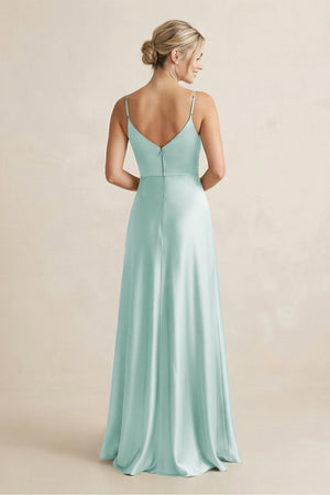 Cami Strap A - Line Shiny Satin Bridesmaid Dress in Bleached Aqua - KISS BRIDAL Bridesmaid Dresses